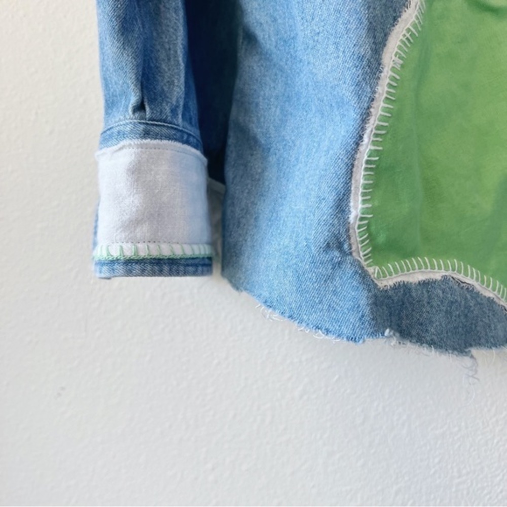 Distressed Patchwork Long Sleeve Denim Shirt Gree… - image 5